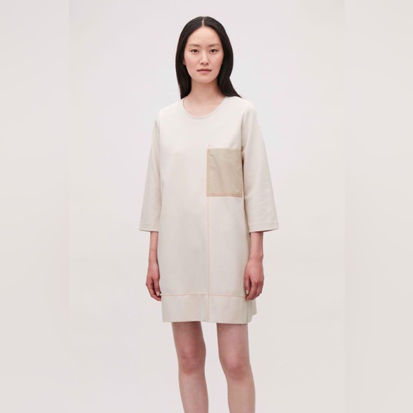 COS Dresses & Skirts - COS contrast stitch dress Light Beige with Orange Stitching Size Extra Small